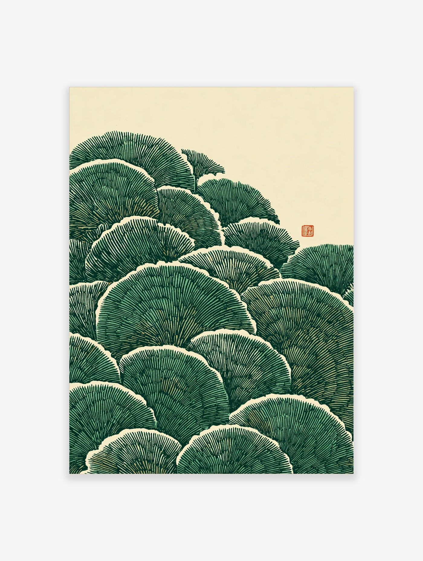 Illustrative green ginkgo leaves with white outlines and fine texture, Japanese style botanical print