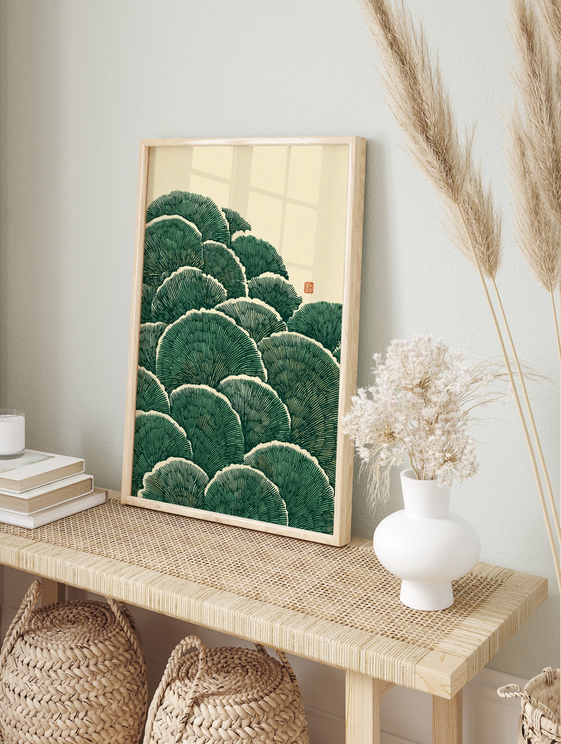 Illustrative green ginkgo leaves with white outlines and fine texture, Japanese style, in an alternate framed mockup