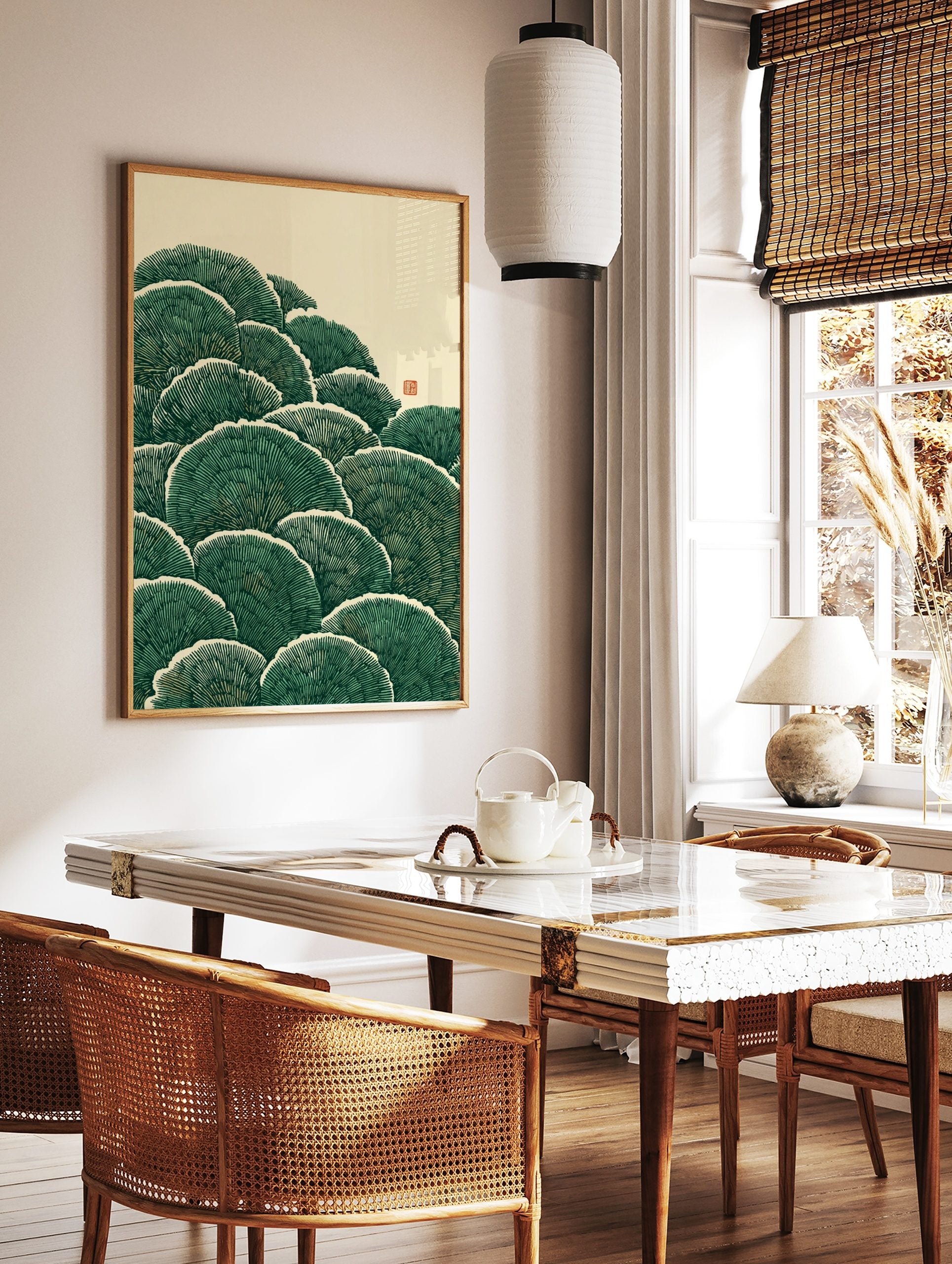 Illustrative green ginkgo leaves with white outlines and fine texture, Japanese style botanical, in a styled room mockup