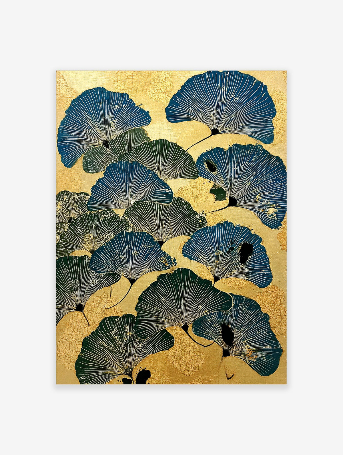Illustrative ginkgo leaf botanical print in blue and green on a textured golden background, portrait orientation