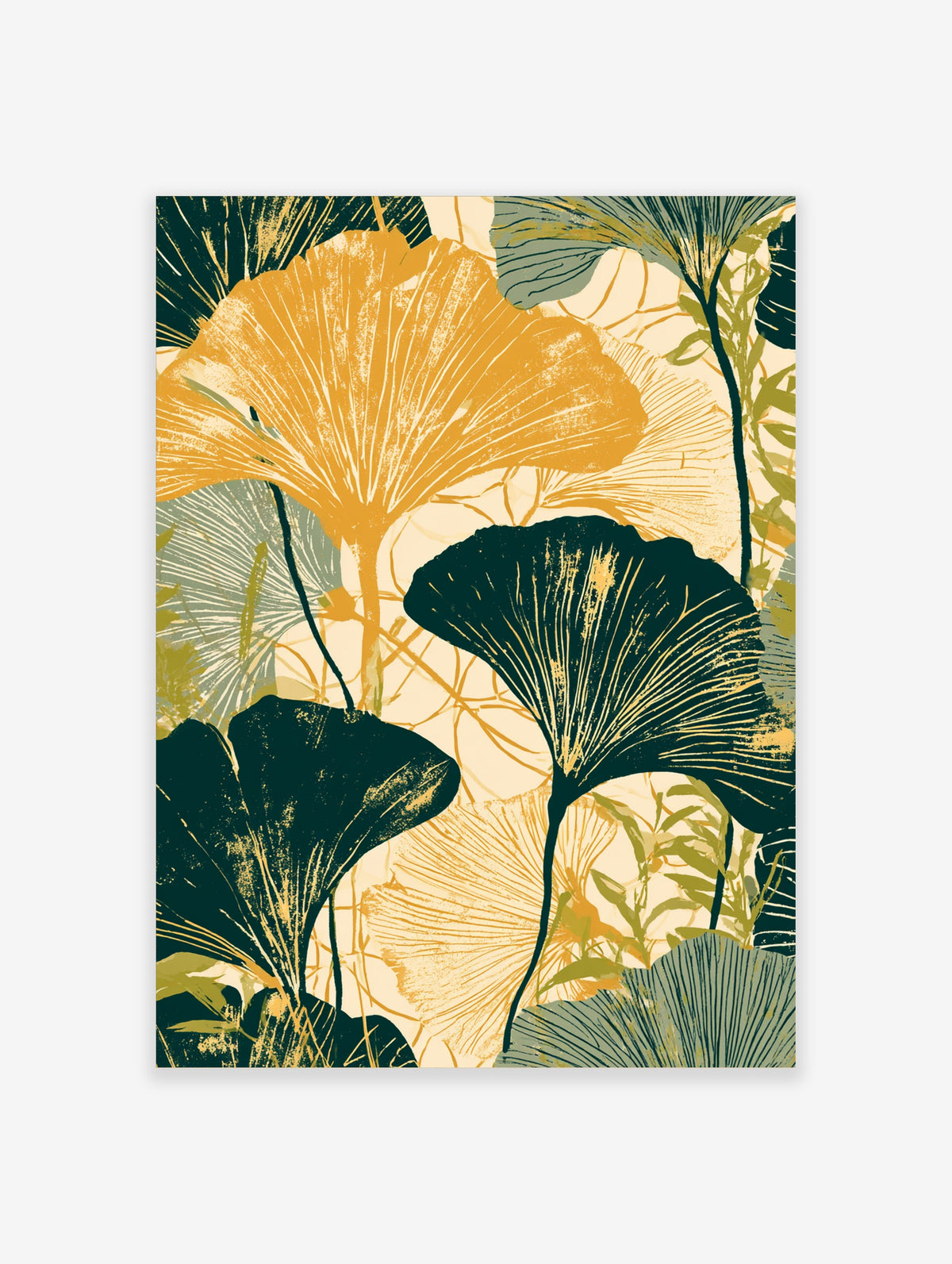 Ginkgo leaf botanical art print with green and gold fan-shaped leaves on cream background