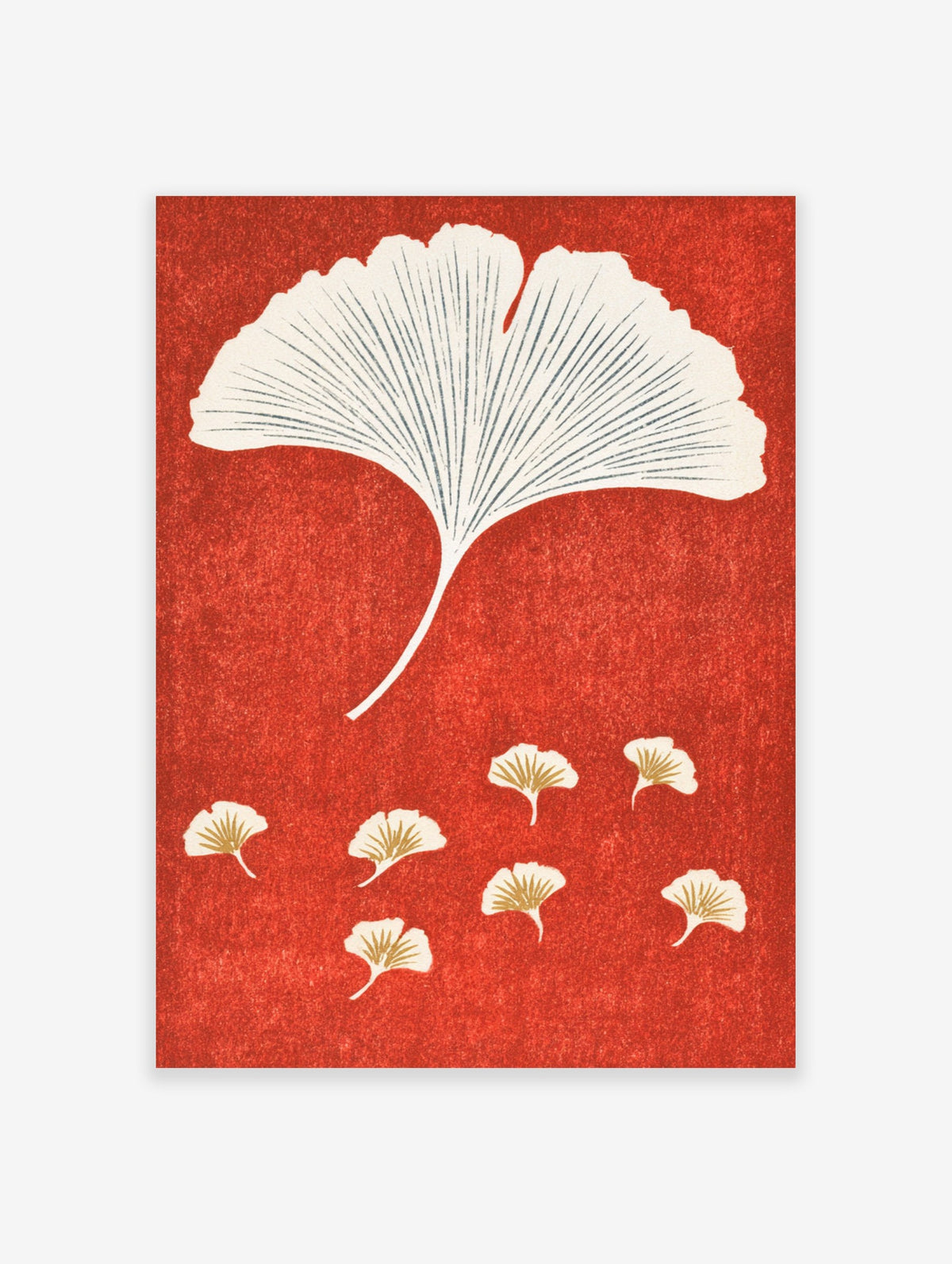 Ginkgo leaf botanical illustration on a textured red background with smaller falling leaves