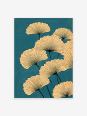 Ginkgo leaf botanical illustration with beige fan-shaped leaves and dark veins on a teal background