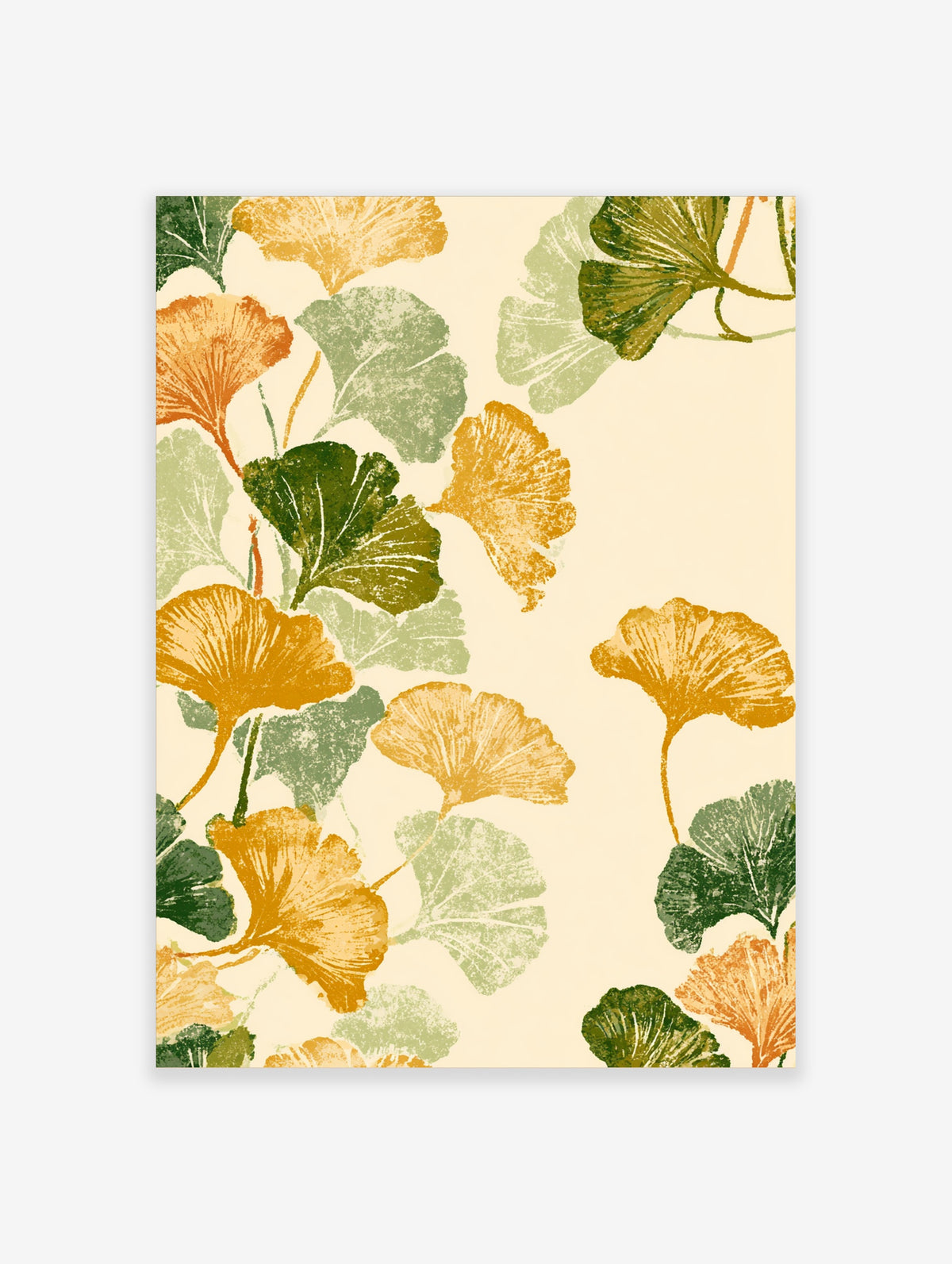 Ginkgo leaf botanical art print with green, yellow and orange leaves on cream background