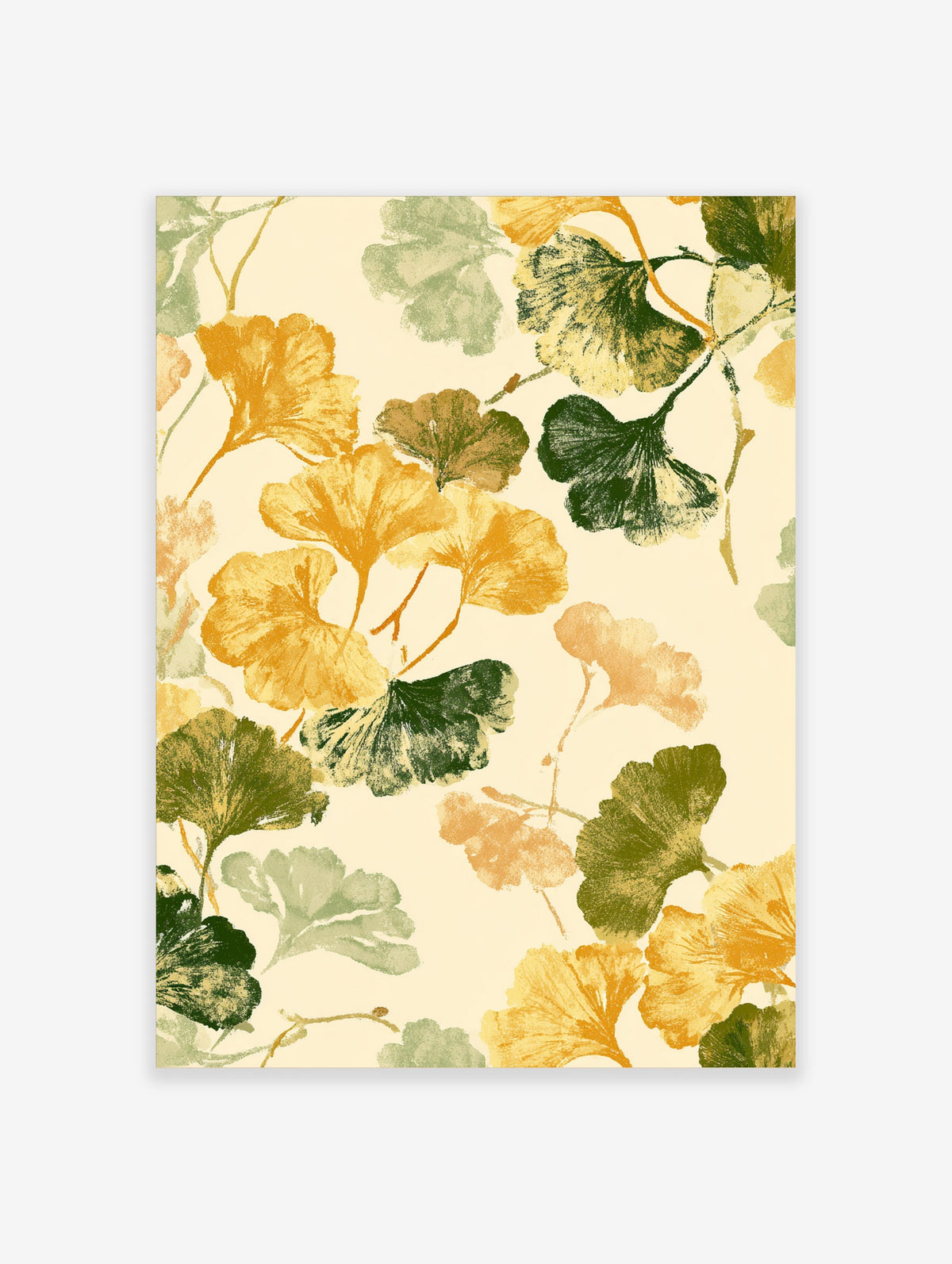 Ginkgo leaf botanical art print with green, gold and orange fan-shaped leaves on cream