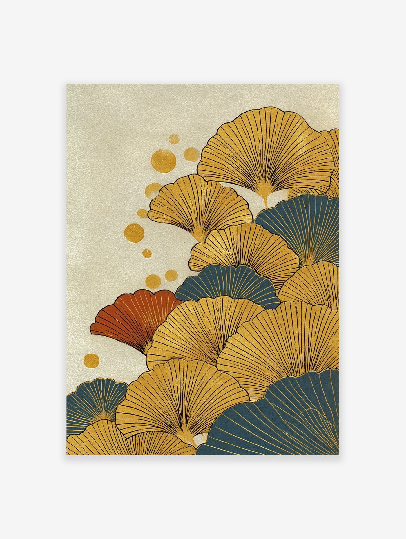 Stylized ginkgo leaf wall art in gold, teal, and orange on a textured beige background with gold dots.