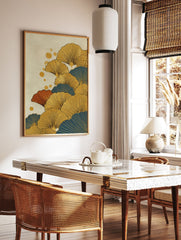 Stylized ginkgo leaf wall art in gold, teal, and orange on a textured beige background with gold dots. - Image 2