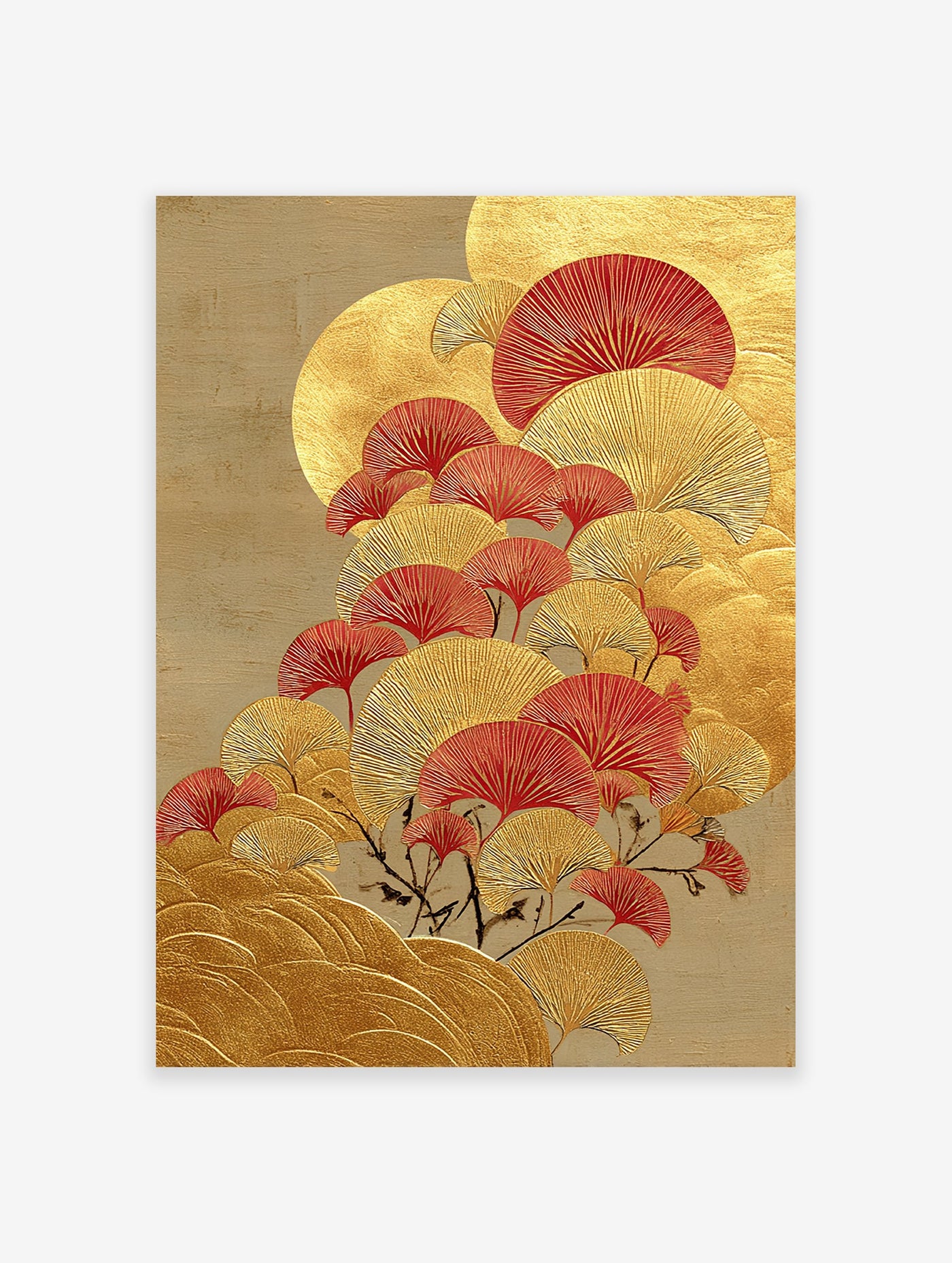 Ginkgo Leaf Wall Art print featuring stylized gold and red ginkgo leaves on a textured golden background in an Asian art style.