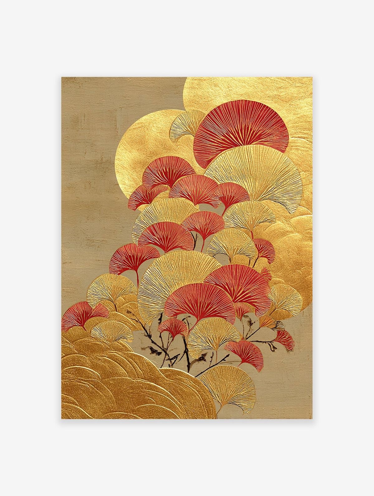 Ginkgo Leaf Wall Art print featuring stylized gold and red ginkgo leaves on a textured golden background in an Asian art style.