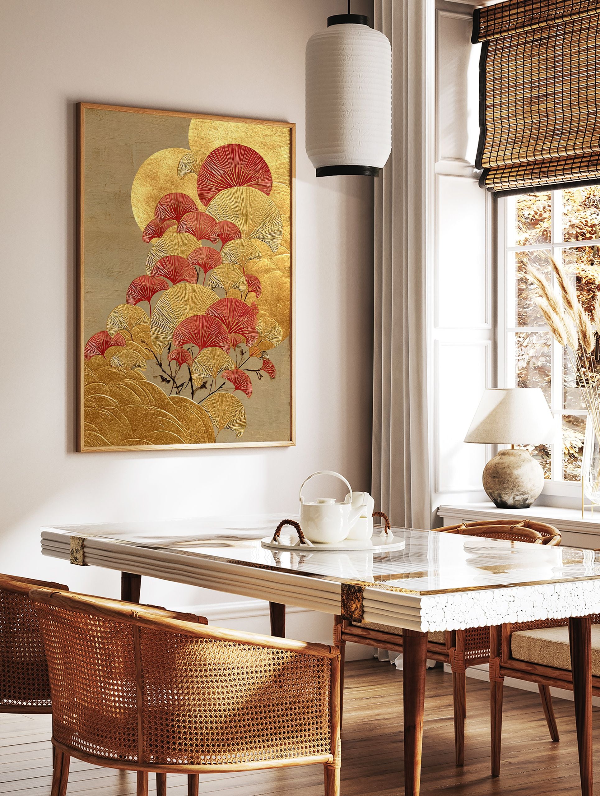 Ginkgo Leaf Wall Art print featuring stylized gold and red ginkgo leaves on a textured golden background in an Asian art style. - Image 2