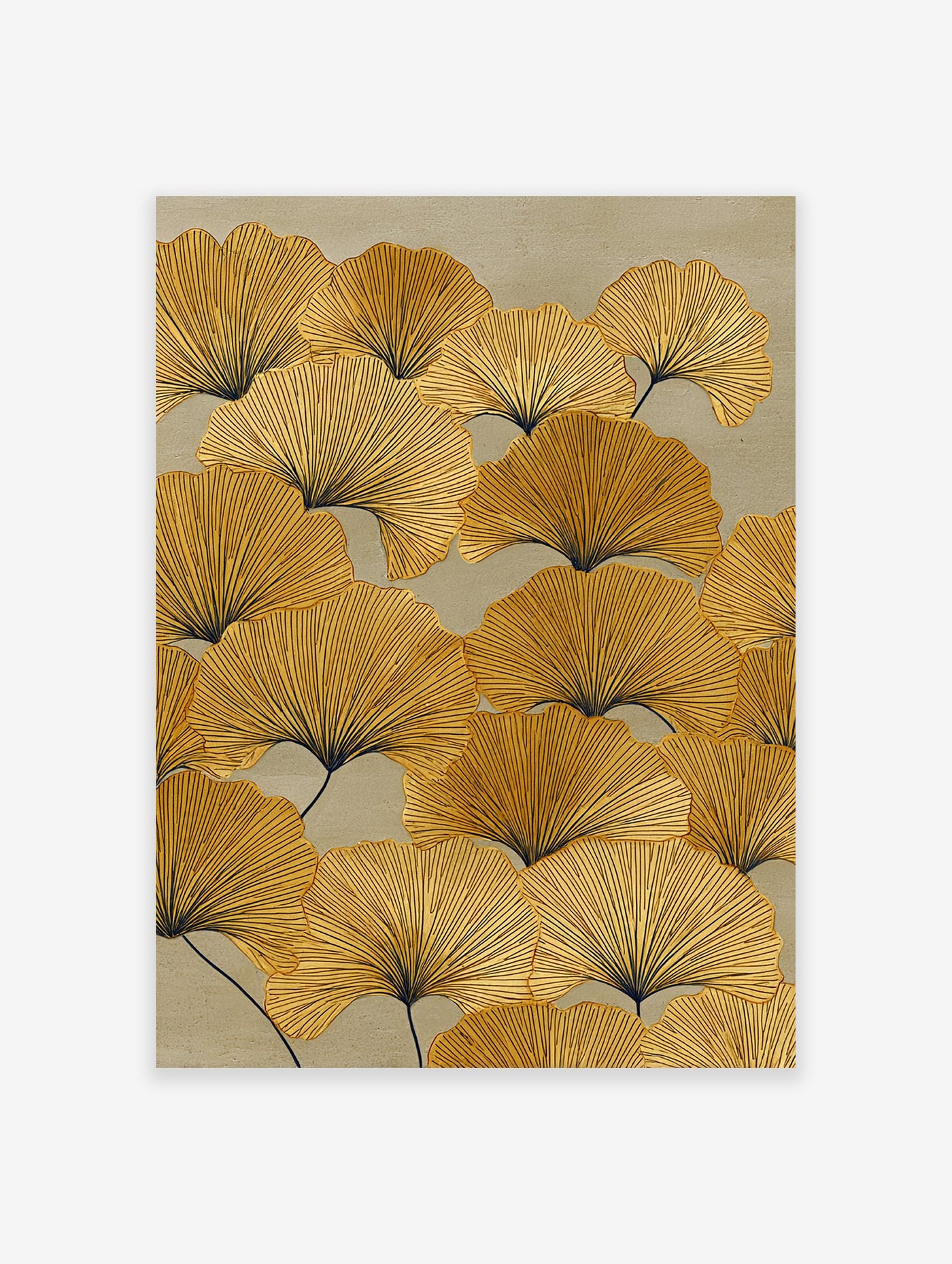 Golden yellow ginkgo leaf botanical wall art print with dark veins on a light beige background, filling the entire frame.