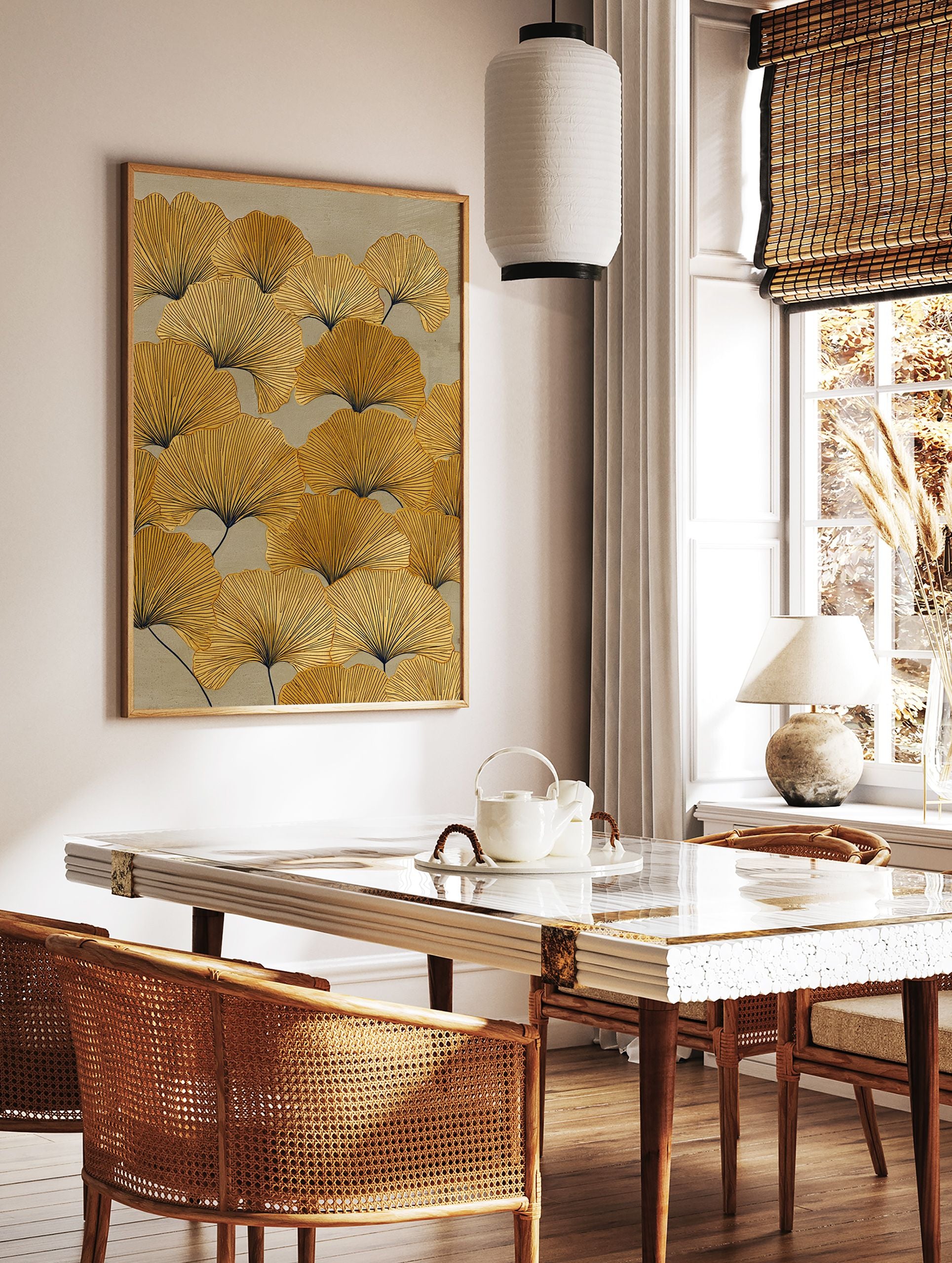 Golden yellow ginkgo leaf botanical wall art print with dark veins on a light beige background, filling the entire frame. - Image 2