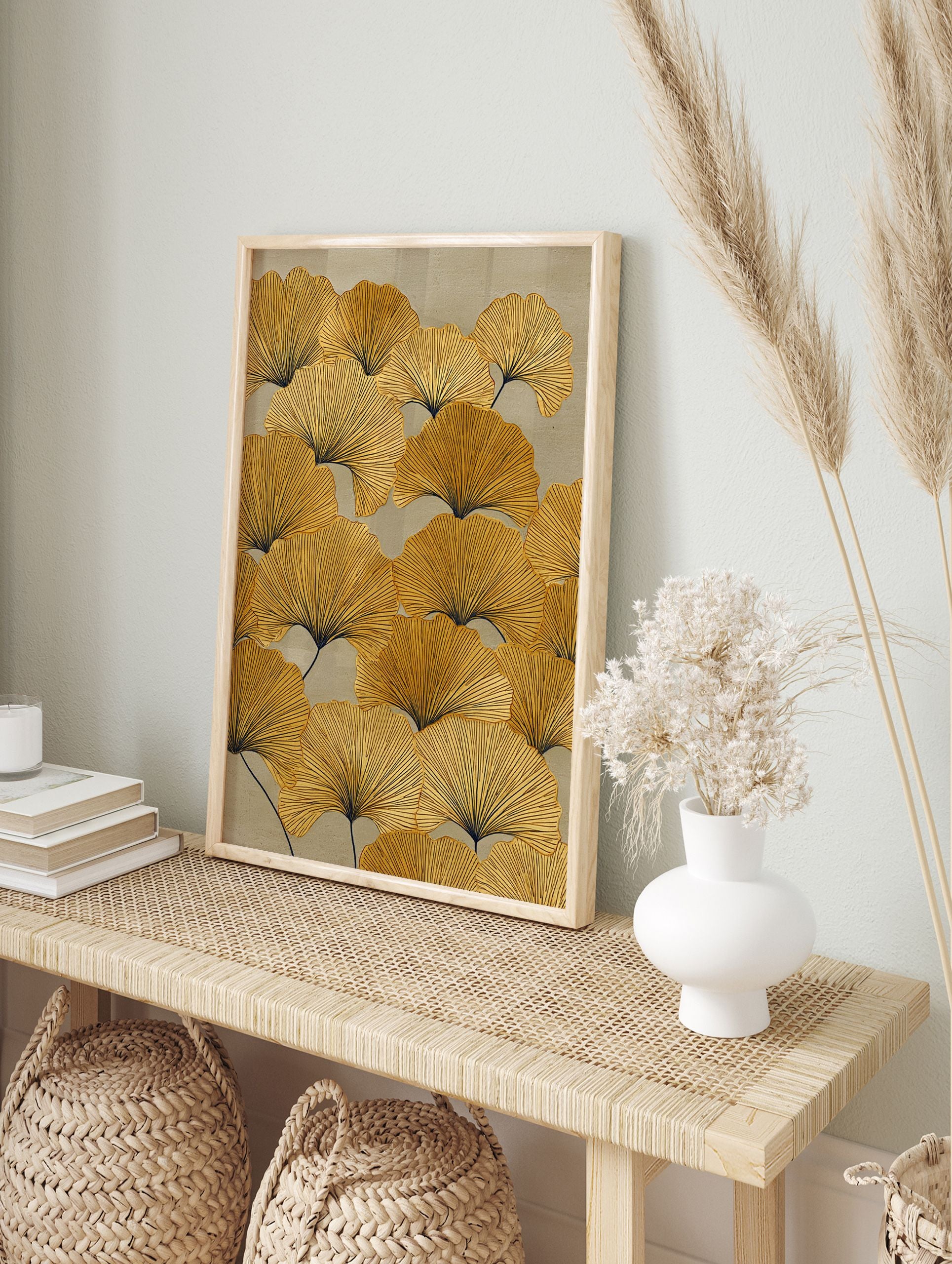 Golden yellow ginkgo leaf botanical wall art print with dark veins on a light beige background, filling the entire frame. - Image 3