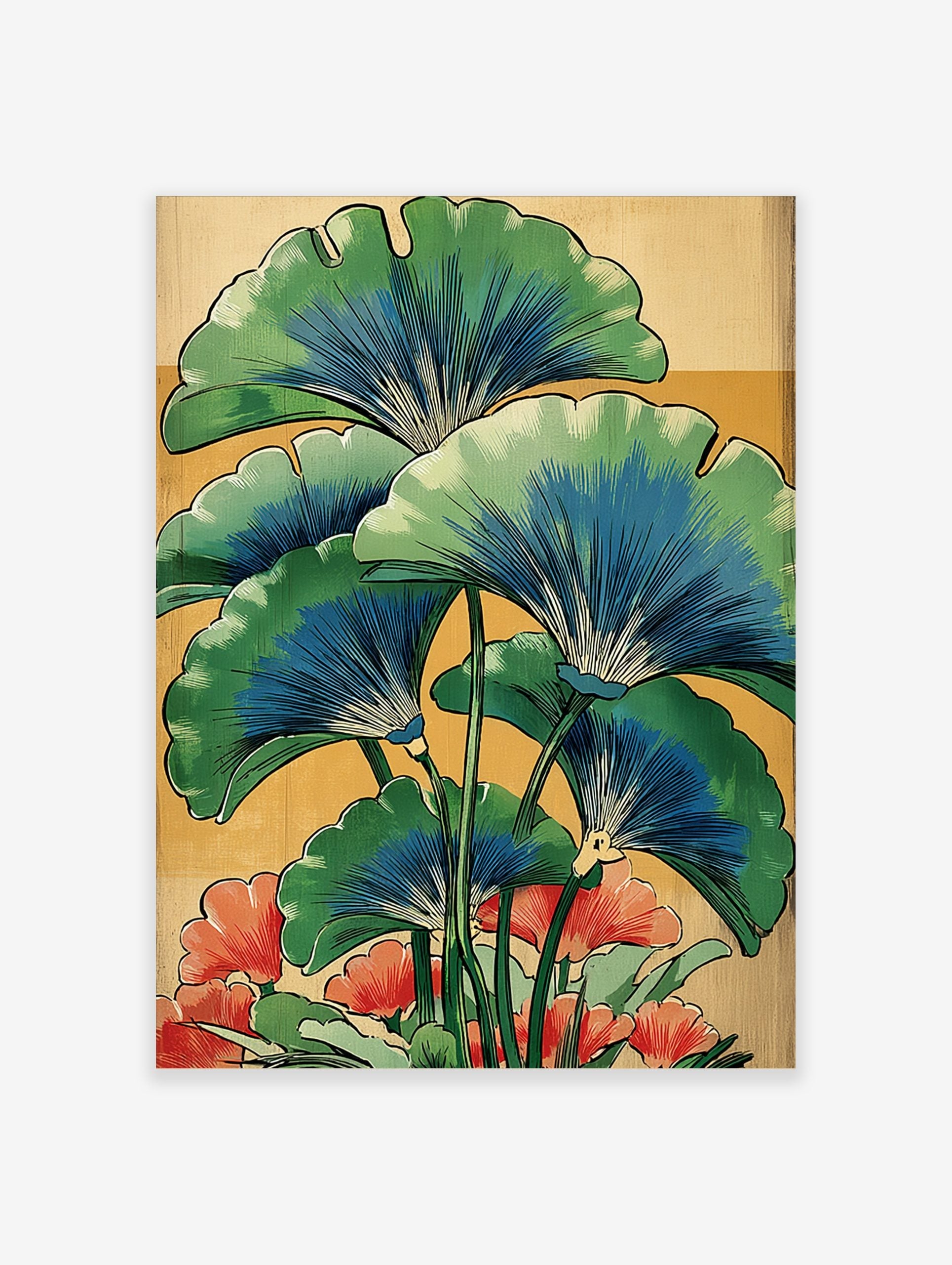 Illustrative botanical print of green and blue ginkgo leaves with red-orange flowers on a warm yellow background