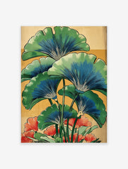 Illustrative botanical print of green and blue ginkgo leaves with red-orange flowers on a warm yellow background