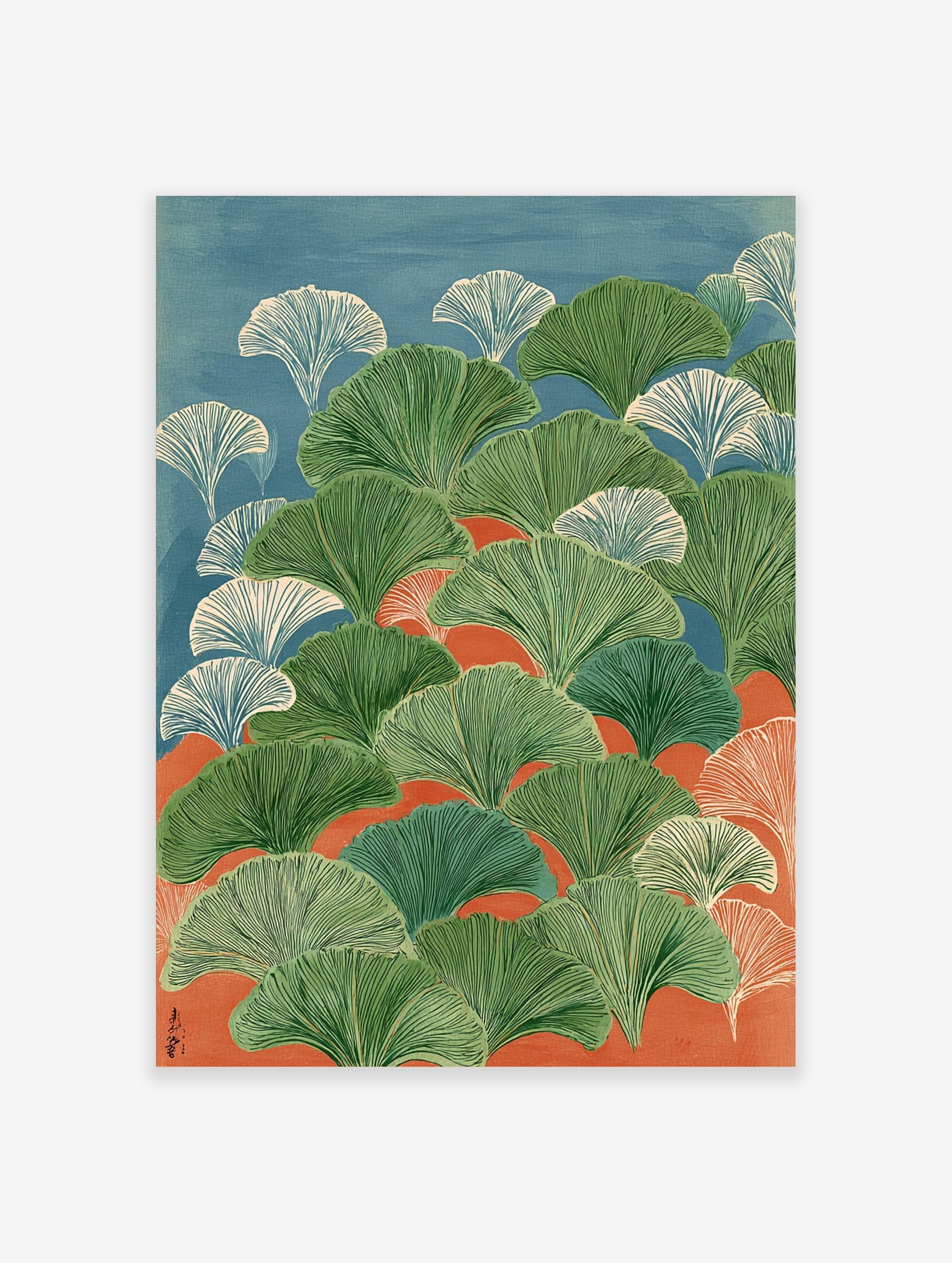 Illustrative ginkgo leaves in green and white against blue and orange background, in portrait orientation