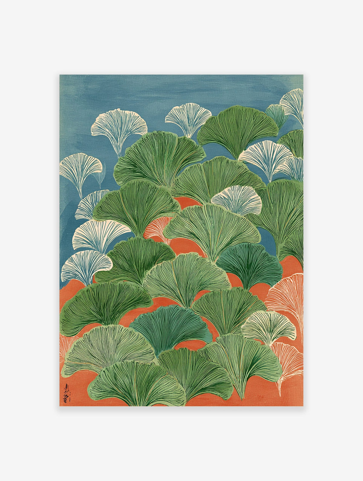 Illustrative ginkgo leaves in green and white against blue and orange background, in portrait orientation