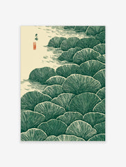 Stylised dark green ginkgo leaves in layers with beige water ripples and Japanese calligraphy art print