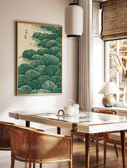Stylised dark green ginkgo leaves in layers with beige water ripples and Japanese calligraphy art, in a styled room mockup