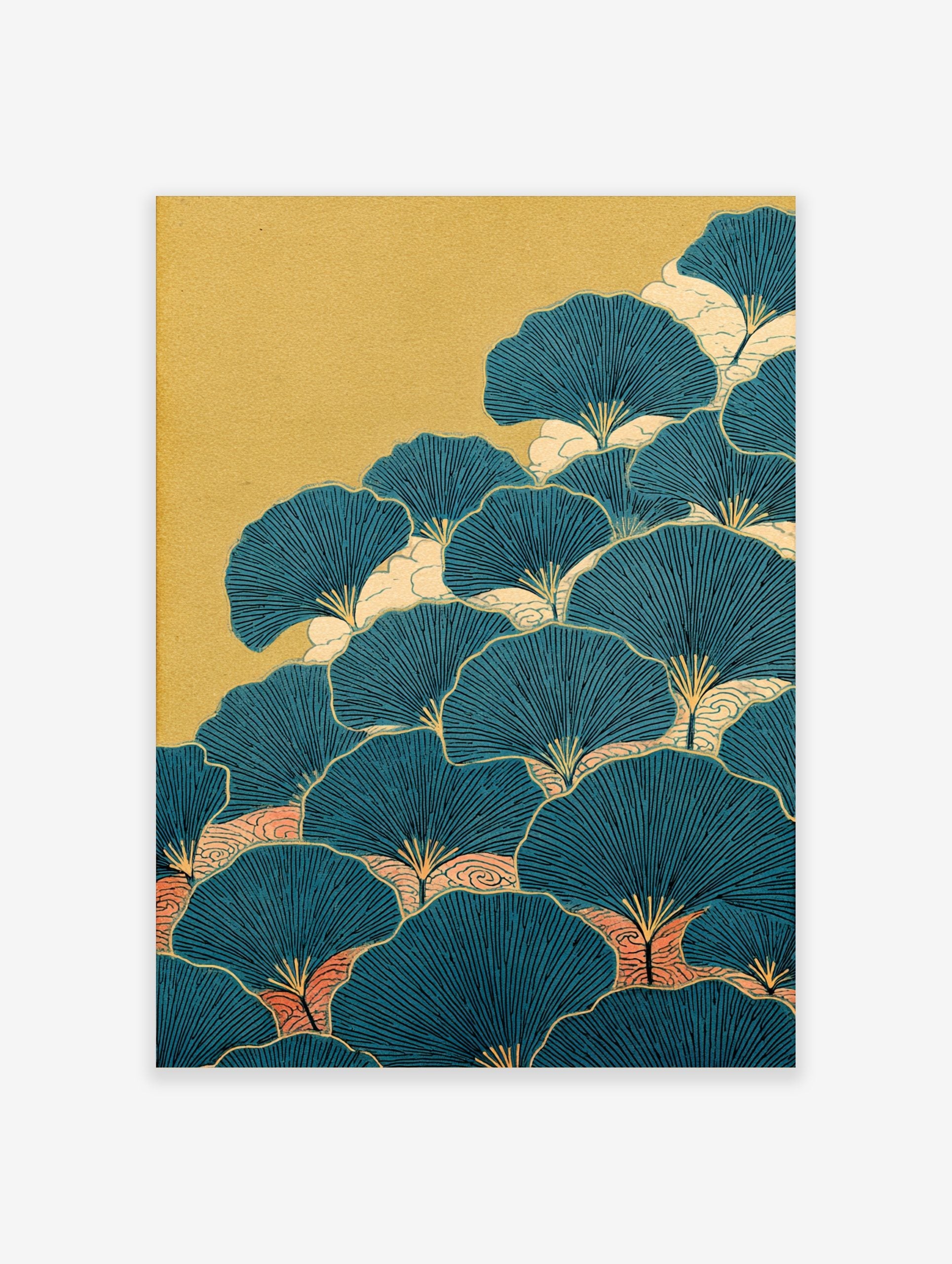 Stylised teal ginkgo leaves wall art with black veins and golden stems, layered over cream and peach mist on a gold