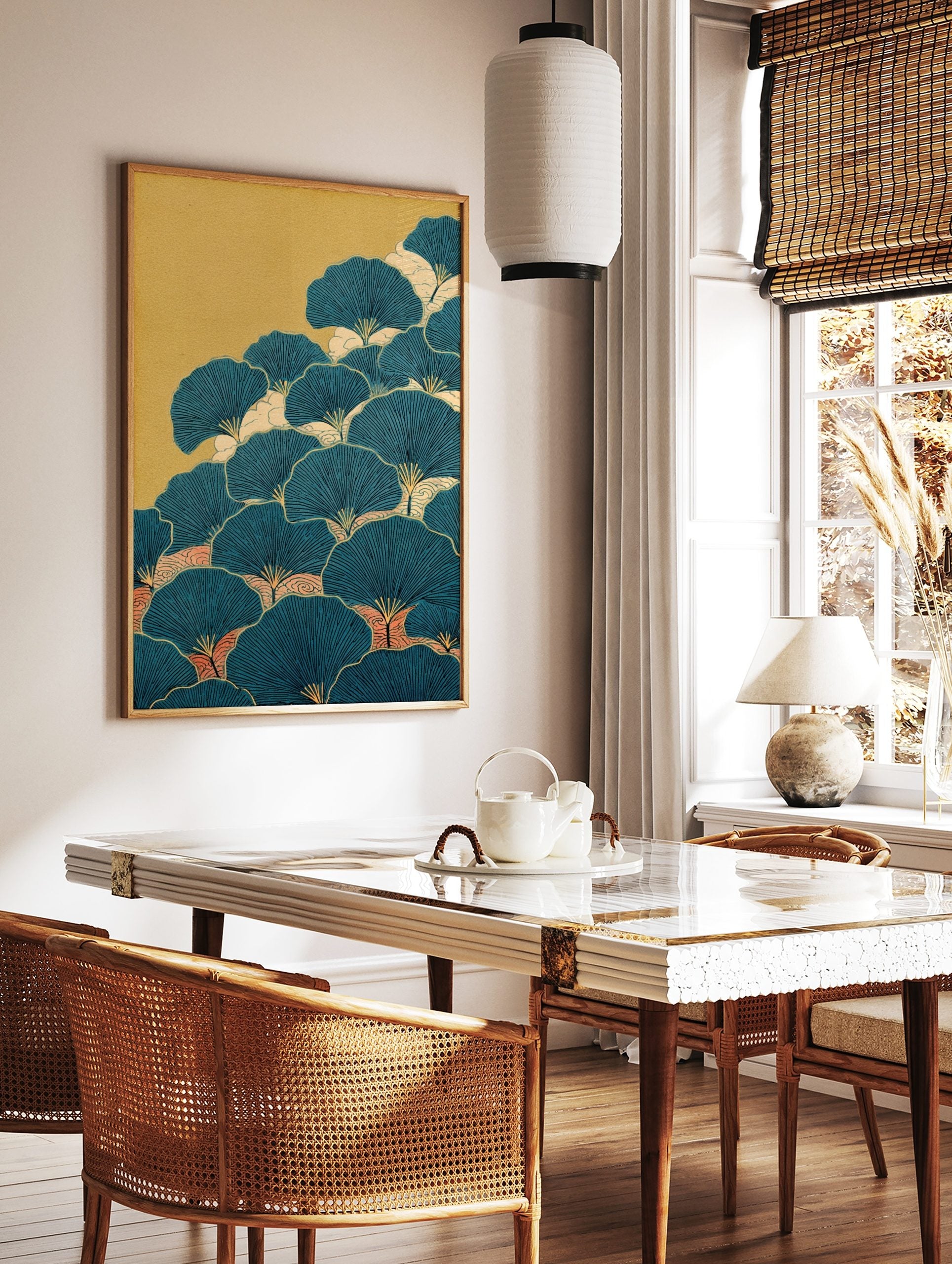 Stylised teal ginkgo leaves wall art with black veins and golden stems, layered over cream and, in a styled room mockup