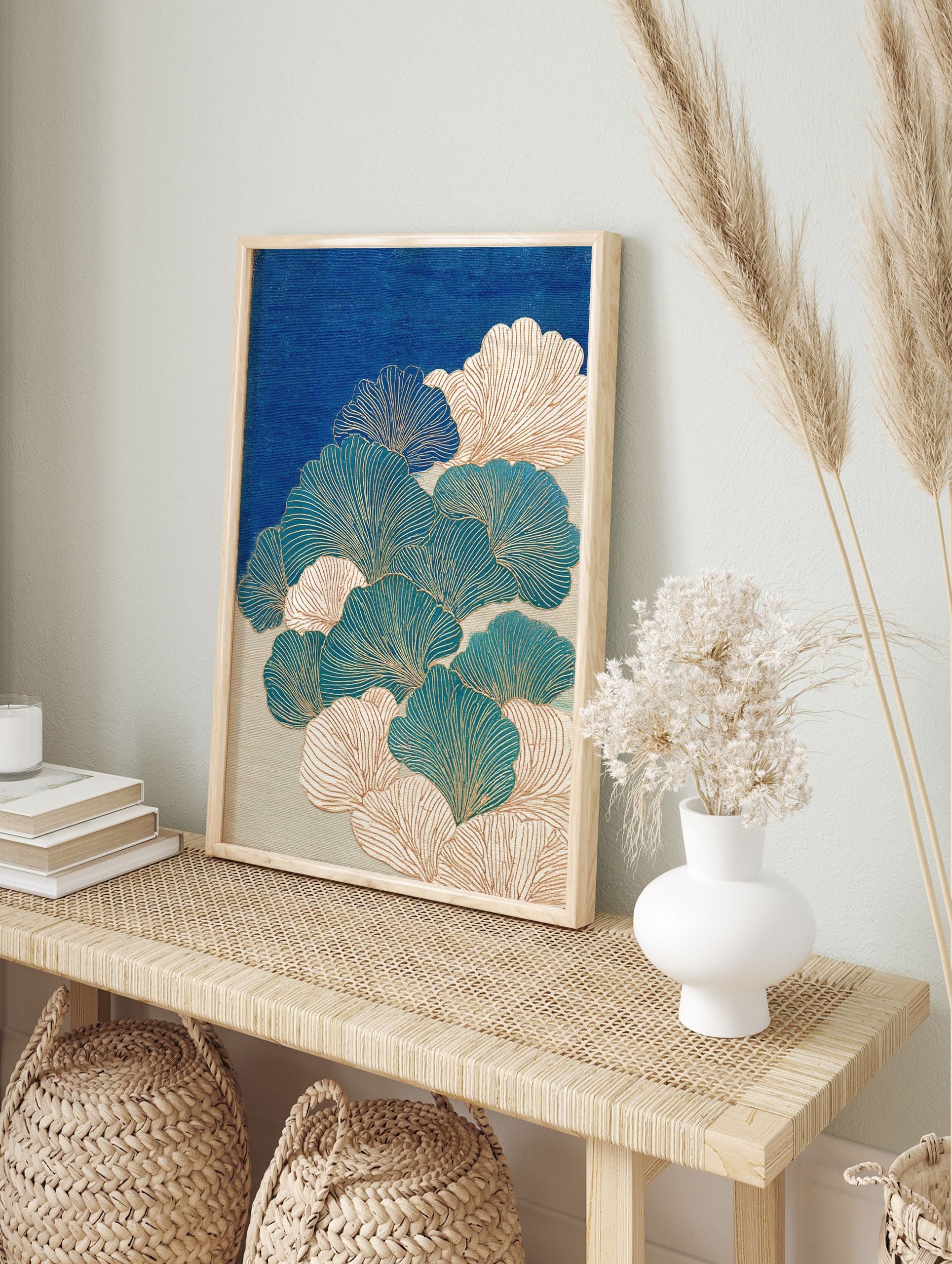 Japanese ginkgo wall art print with blue, teal, and cream leaves outlined in gold on a textured blue background. - Image 3