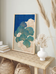 Japanese ginkgo wall art print with blue, teal, and cream leaves outlined in gold on a textured blue background. - Image 3