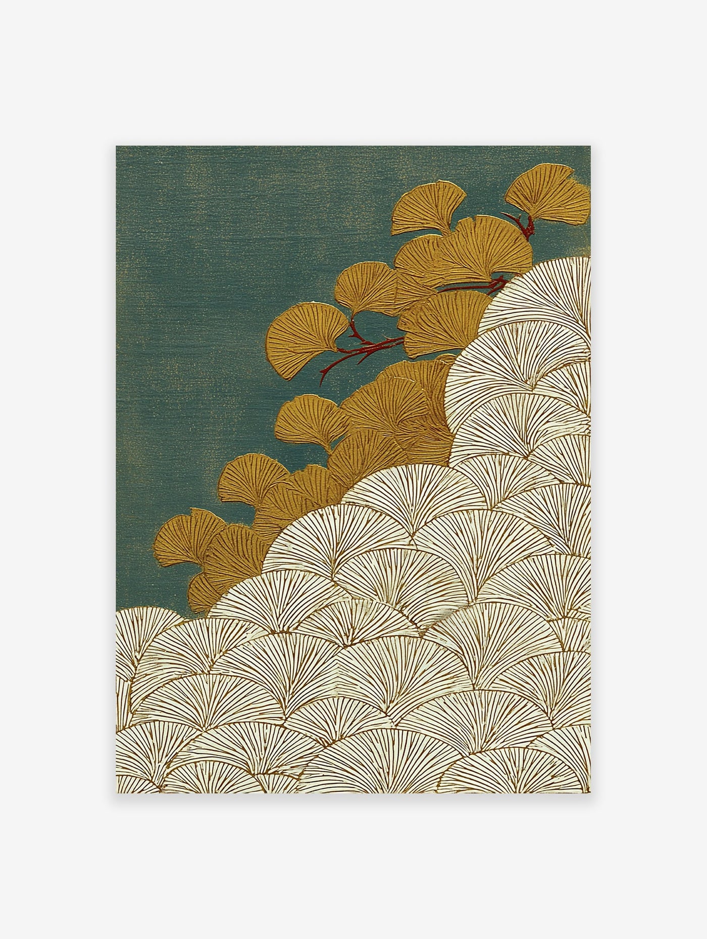 Japanese-style ginkgo leaf wall art print with golden leaves and white outlines on a textured deep teal background.
