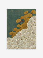 Japanese-style ginkgo leaf wall art print with golden leaves and white outlines on a textured deep teal background.