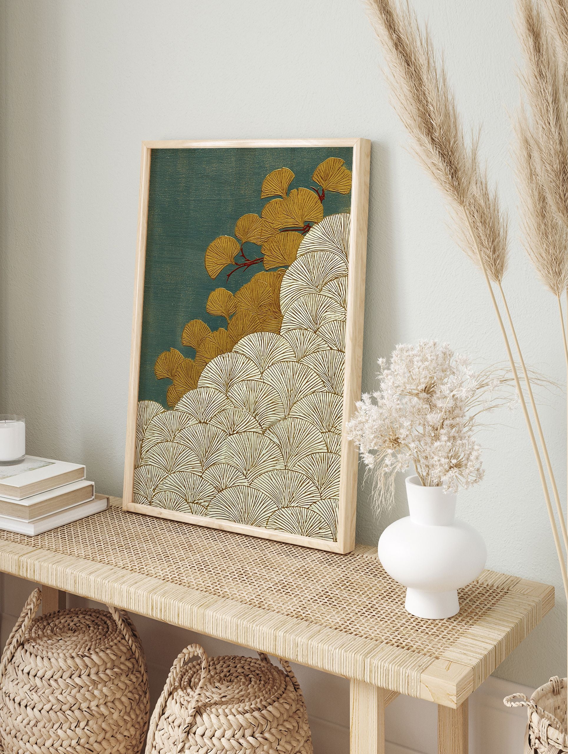 Japanese-style ginkgo leaf wall art print with golden leaves and white outlines on a textured deep teal background. - Image 3
