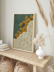 Japanese-style ginkgo leaf wall art print with golden leaves and white outlines on a textured deep teal background. - Image 3