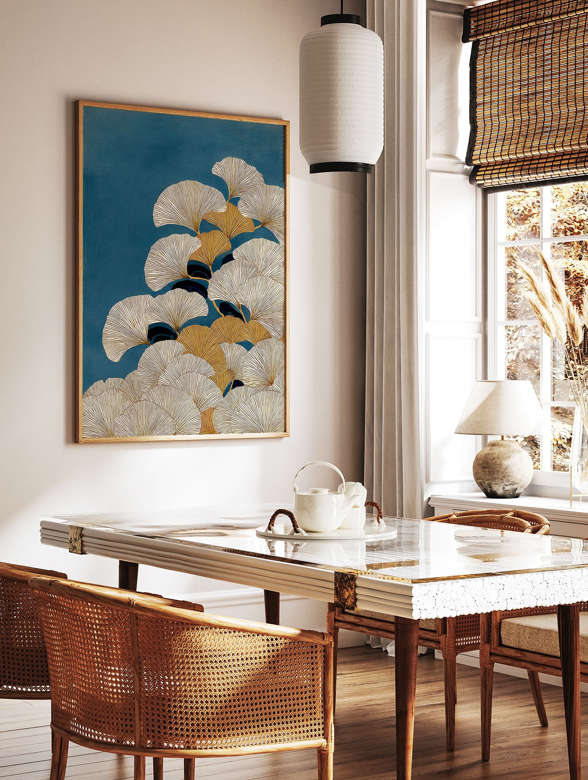 Modern ginkgo wall art print featuring stylized gold and cream ginkgo leaves on a deep teal textured background. - Image 2