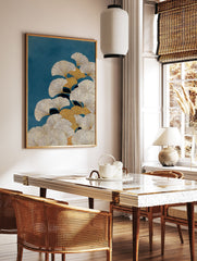 Modern ginkgo wall art print featuring stylized gold and cream ginkgo leaves on a deep teal textured background. - Image 2