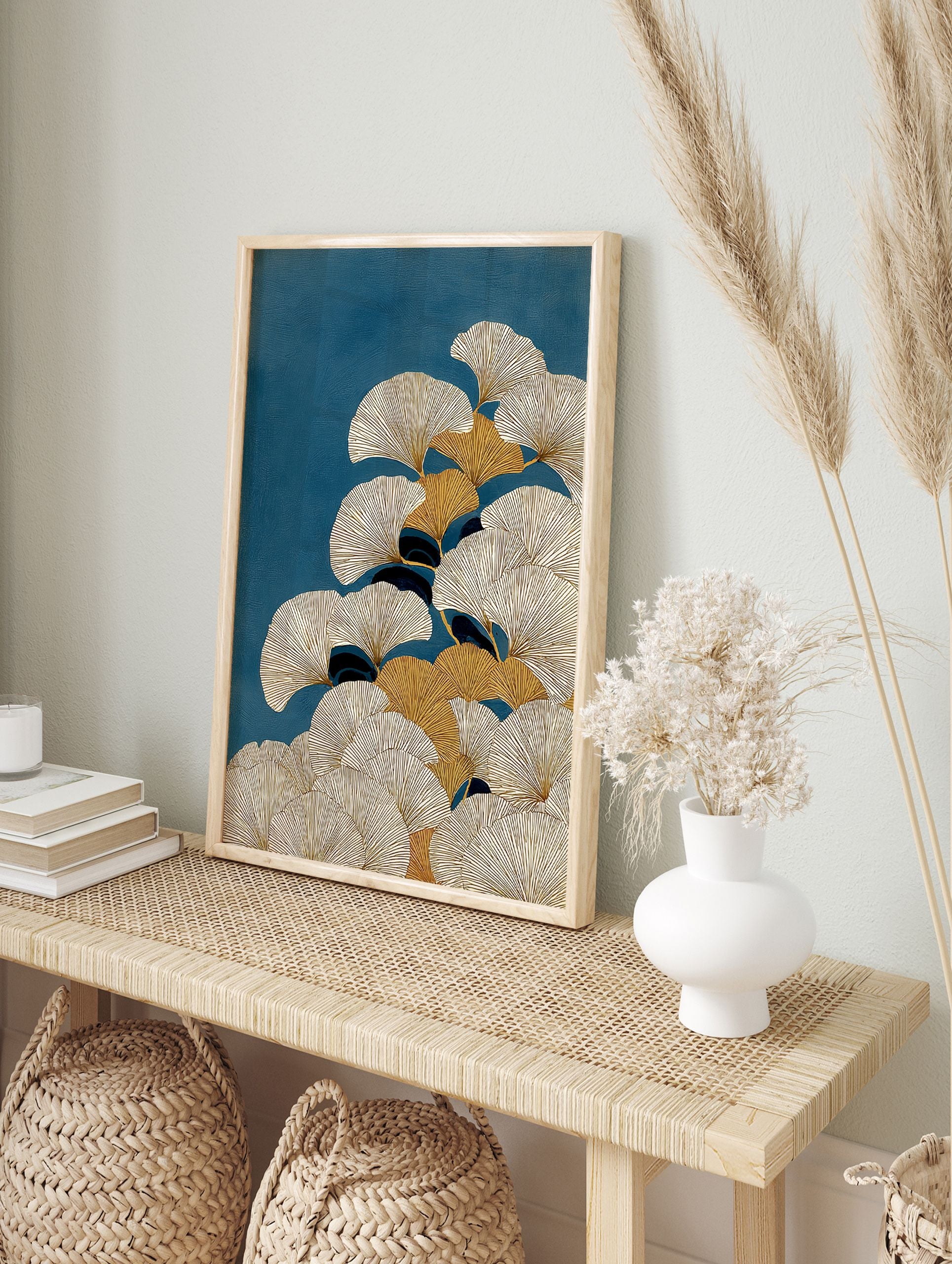 Modern ginkgo wall art print featuring stylized gold and cream ginkgo leaves on a deep teal textured background. - Image 3