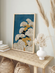 Modern ginkgo wall art print featuring stylized gold and cream ginkgo leaves on a deep teal textured background. - Image 3