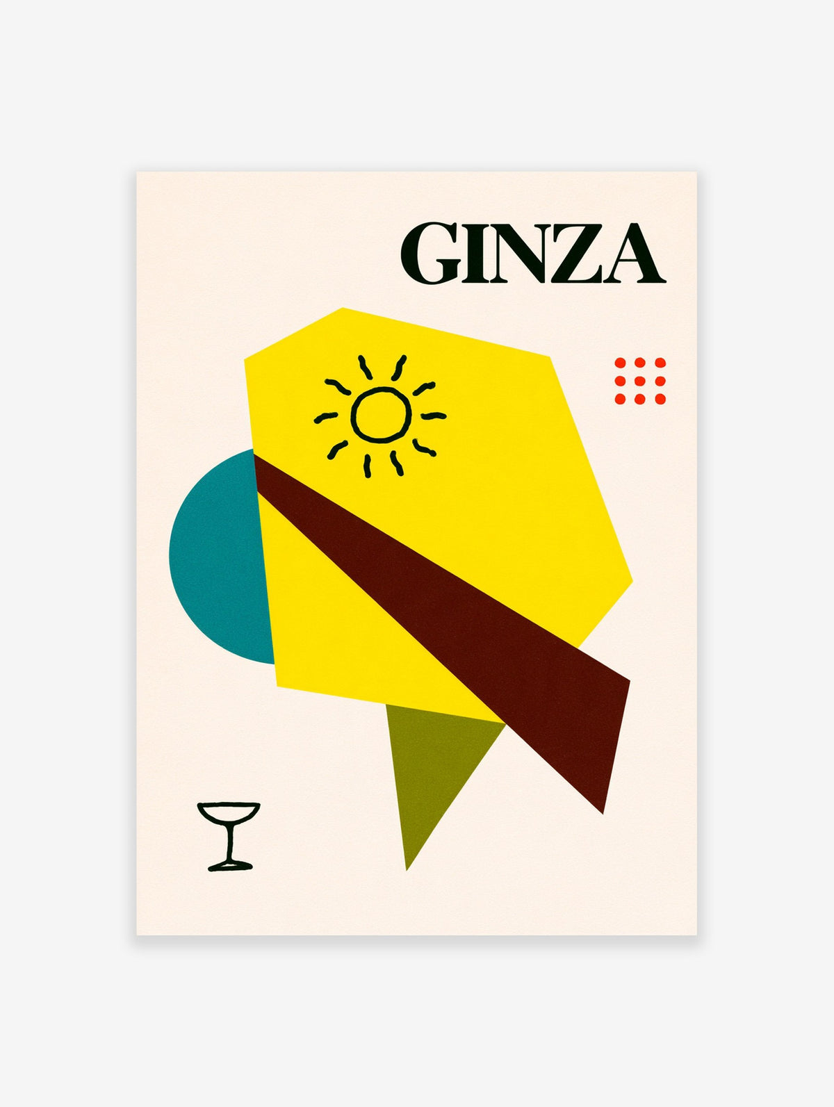 Ginza travel poster with abstract yellow, teal, and brown shapes, a sun icon, and a cocktail glass on a neutral background