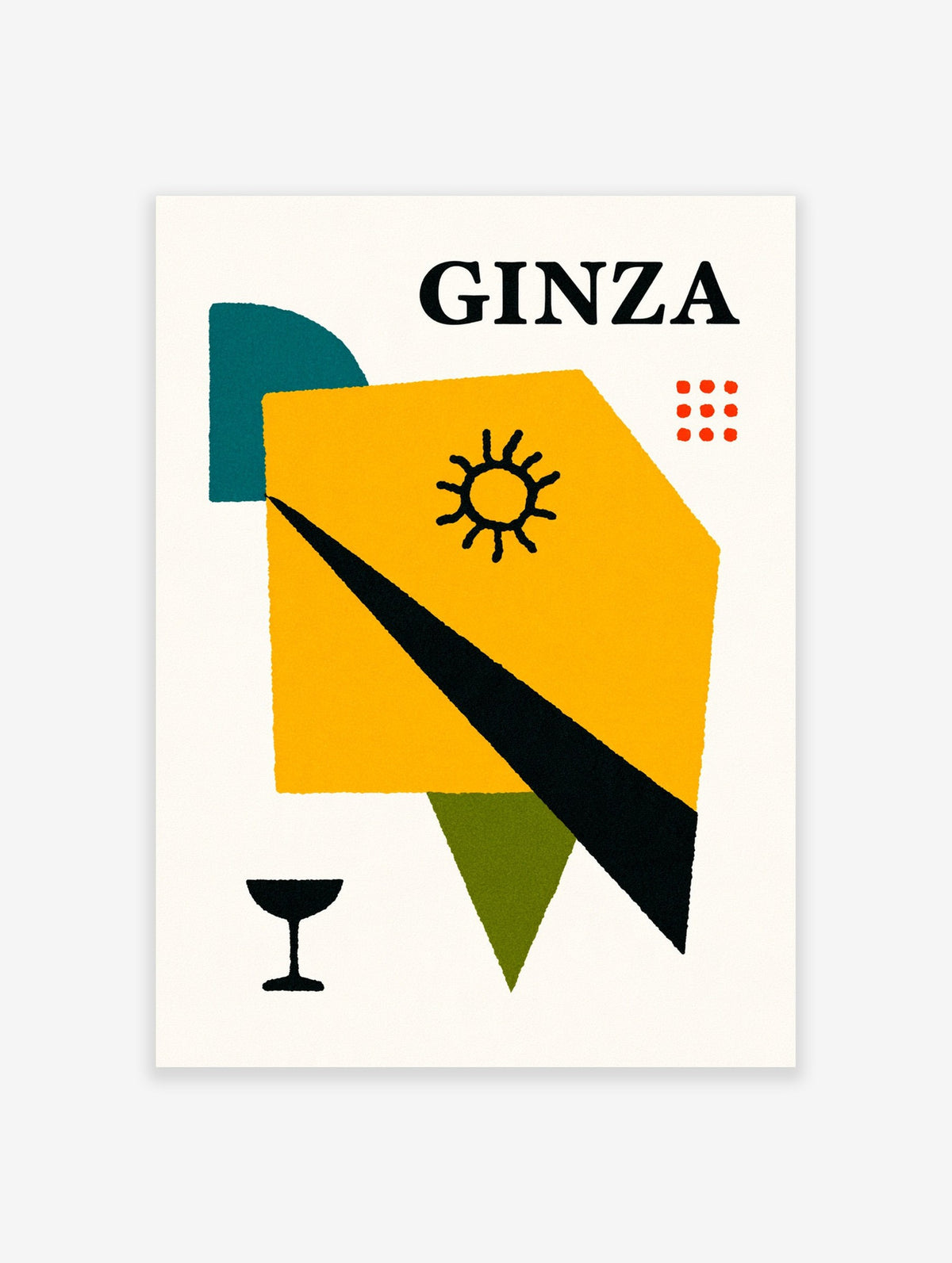Ginza wall art print with yellow geometric shape, black diagonal, sun icon, and wine glass on a light background