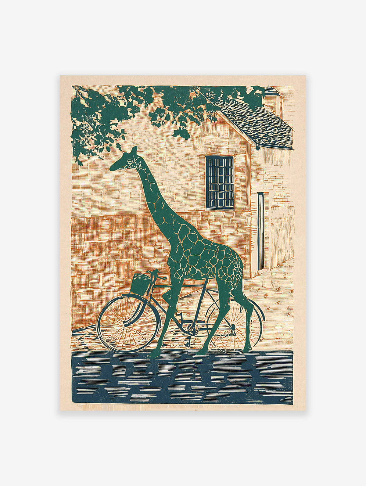Green giraffe riding a bicycle in front of a rustic brick building, illustration art print, whimsical animal wall decor.