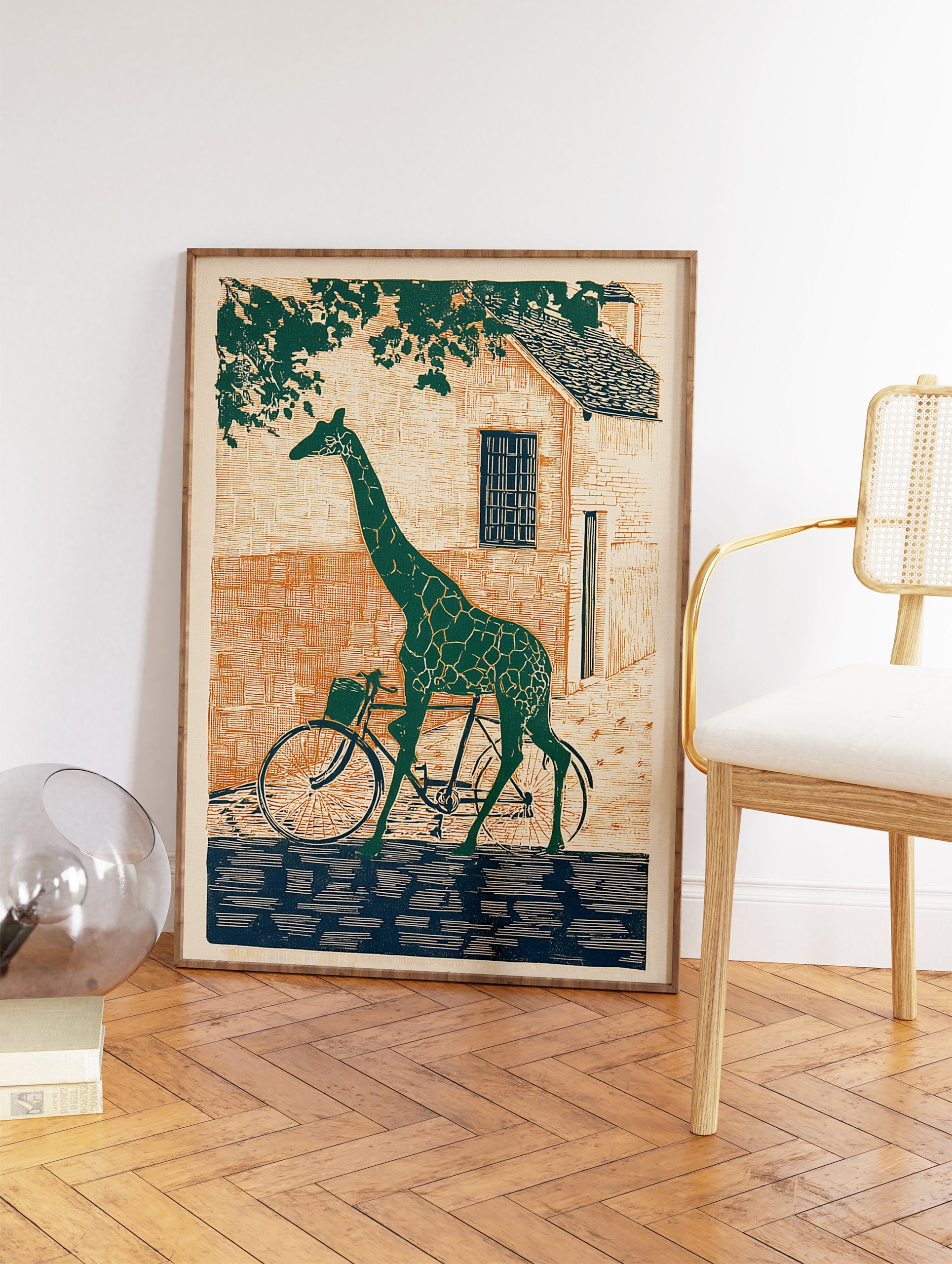 Green giraffe riding a bicycle in front of a rustic brick building, illustration art print, whimsical animal wall decor. - Image 2