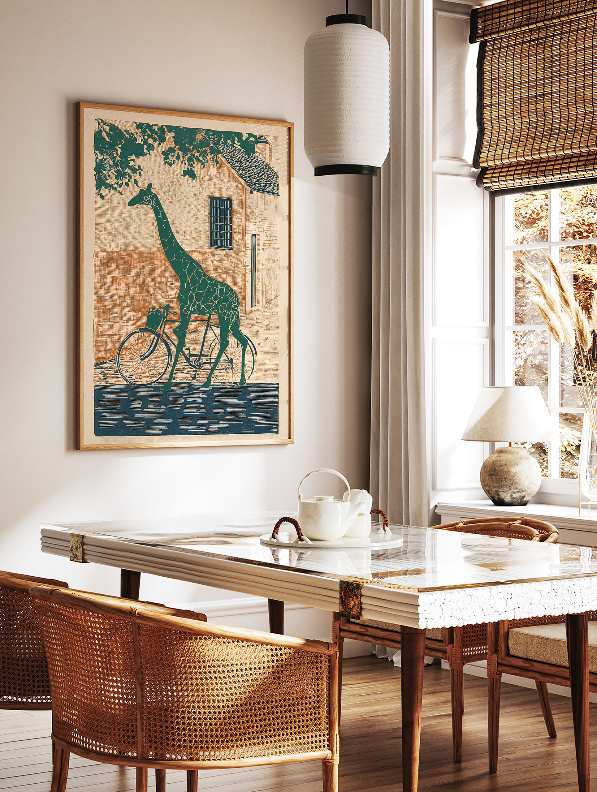 Green giraffe riding a bicycle in front of a rustic brick building, illustration art print, whimsical animal wall decor. - Image 3