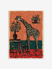 Woodcut style art print of a giraffe bending to eat leaves from a potted plant in a terracotta and green room