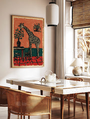 Woodcut style art print of a giraffe bending to eat leaves from a potted plant in a terracotta and, in a styled room mockup
