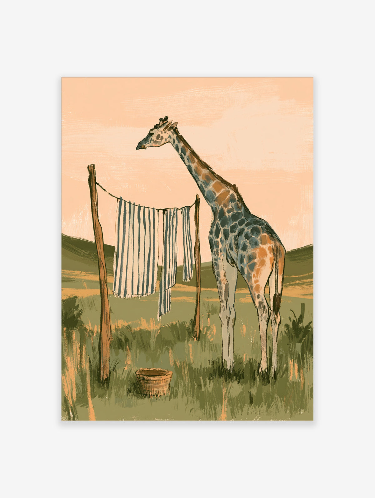 Giraffe standing by a washing line with striped laundry and a basket in a grassy field, pastel illustration