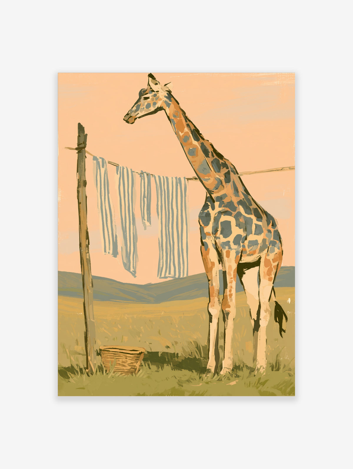 Giraffe standing by a washing line with striped laundry and a woven basket in a pastel landscape art print