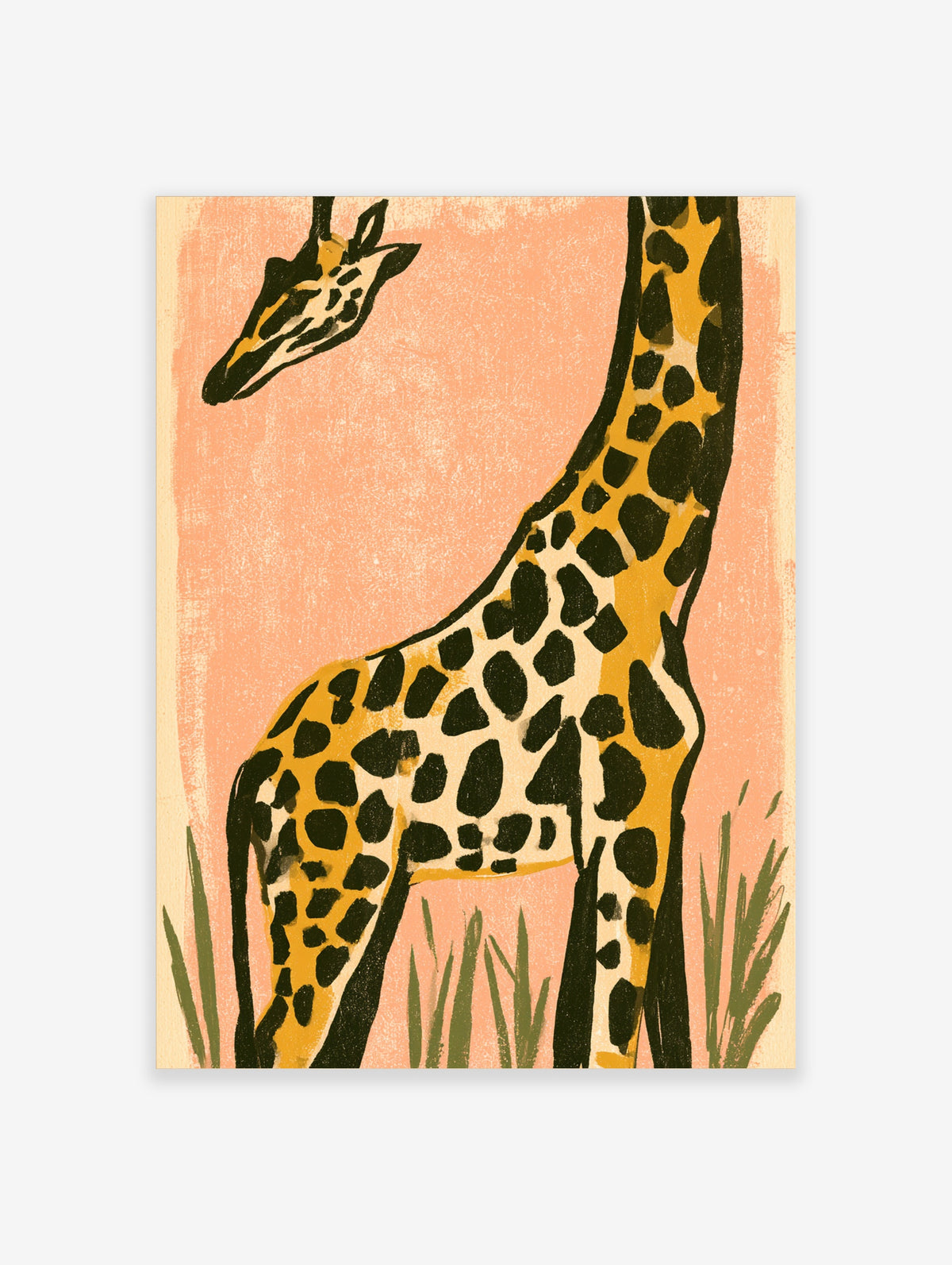 Giraffe poster with black spots on ochre coat against coral pink background, green grass at base