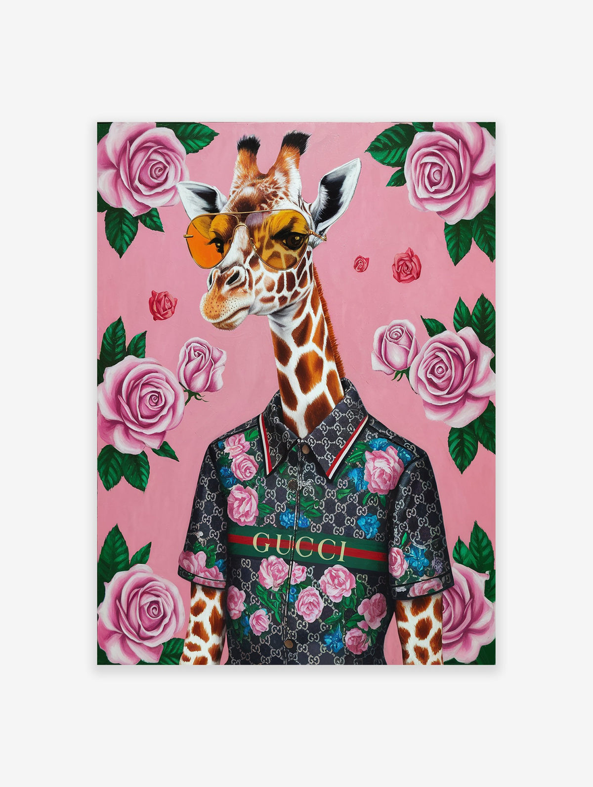 Fashionable giraffe poster wearing sunglasses and a patterned shirt with roses on a pink background.