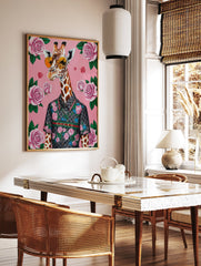 Fashionable giraffe poster wearing sunglasses and a patterned shirt with roses on a pink background. - Image 2