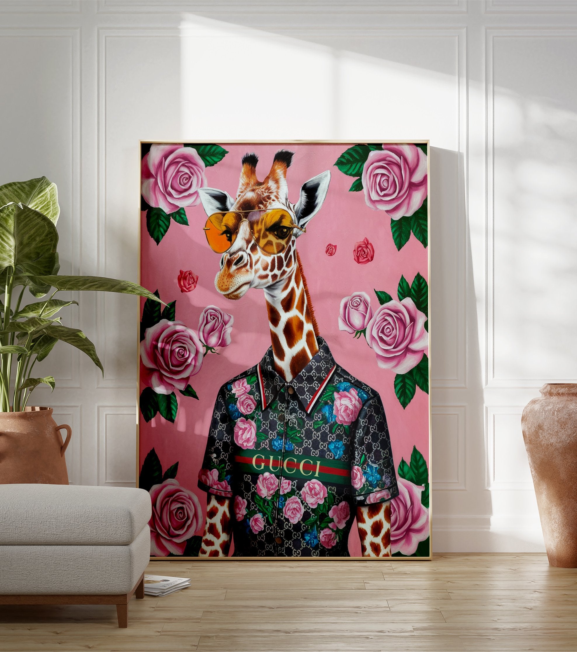 Fashionable giraffe poster wearing sunglasses and a patterned shirt with roses on a pink background. - Image 3