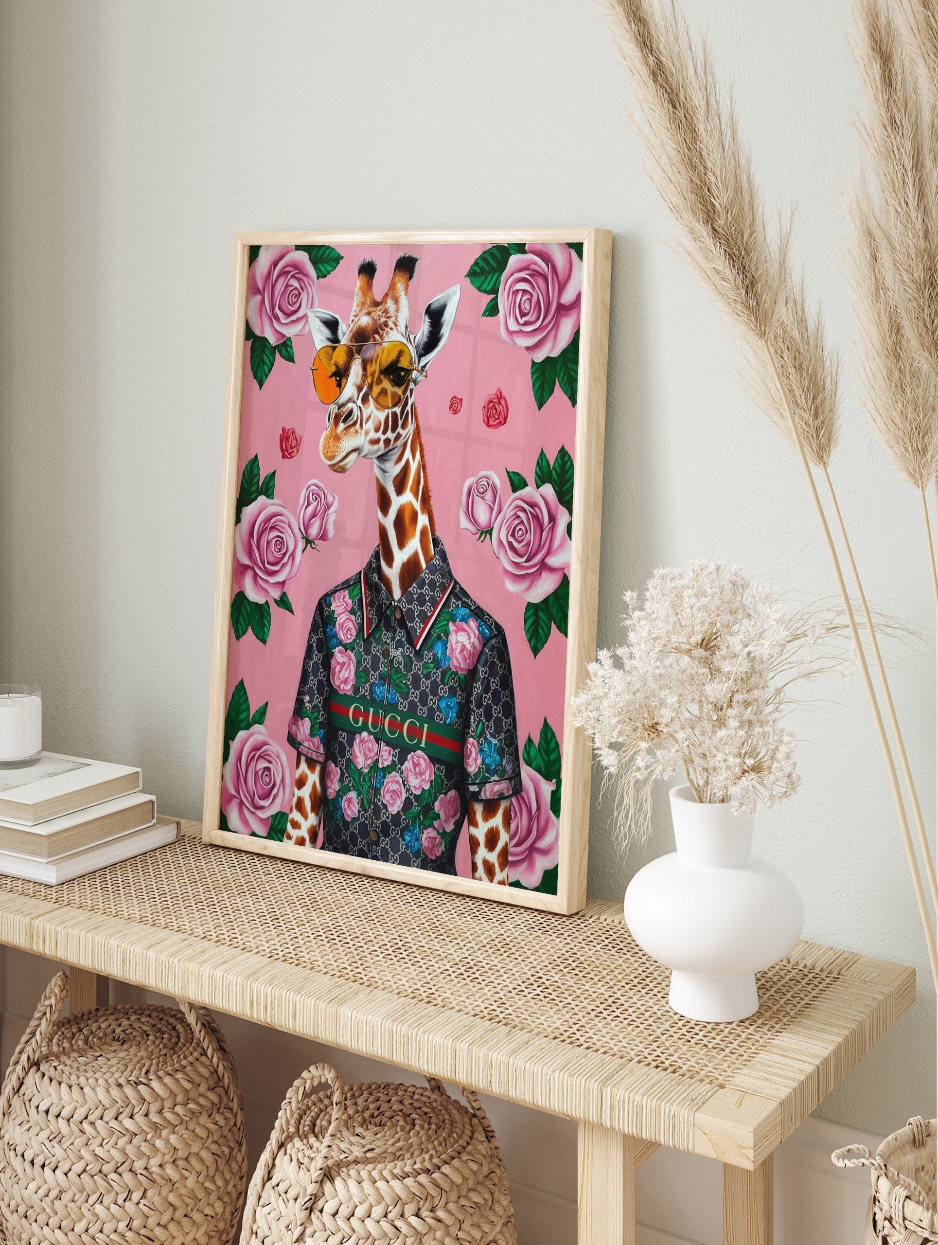 Fashionable giraffe poster wearing sunglasses and a patterned shirt with roses on a pink background. - Image 4