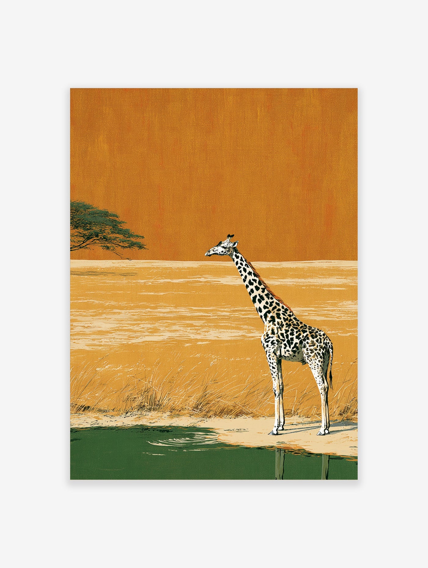 Illustrative giraffe standing by a pond in a warm orange savannah landscape with an acacia tree in the background